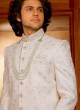 White Lucknowi Silk Sherwani In White Color